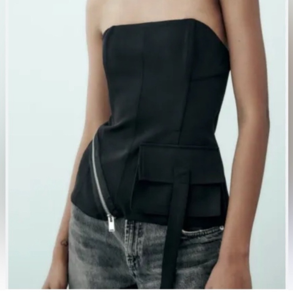 Zara Black bustier top with zipper and pocket detail NWOT